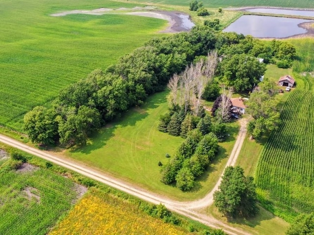 bird's eye view featuring a water view and a rural view