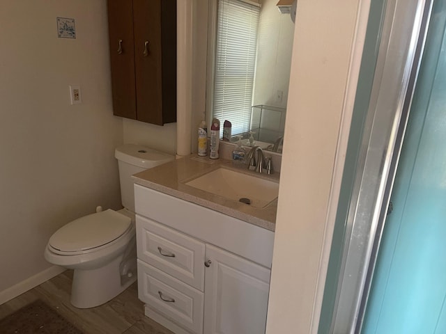 24126 County Road 19, Merrifield, MN 56465 - bathroom with baseboards, wood finished floors, toilet, and vanity