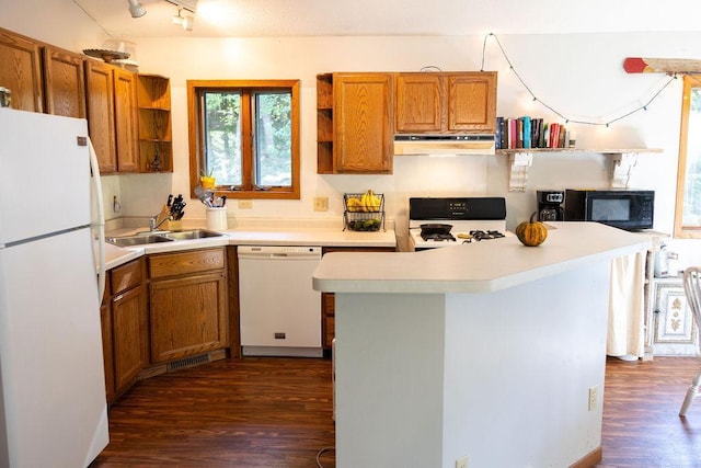 50165 Sailer Rd, Frazee, MN 56544 - kitchen with range hood, black appliances, dark wood-type flooring, and sink