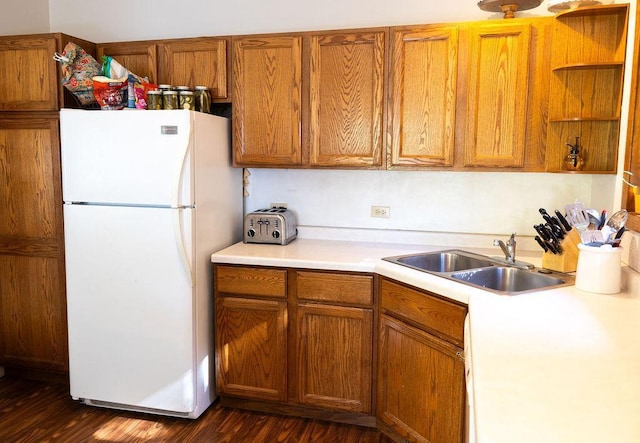 50165 Sailer Rd, Frazee, MN 56544 - kitchen with white refrigerator, dark hardwood / wood-style floors, and sink