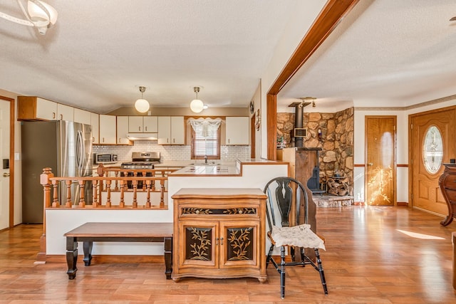 kitchen featuring light hardwood / wood-style flooring, a wood stove, pendant lighting, and stainless steel appliances