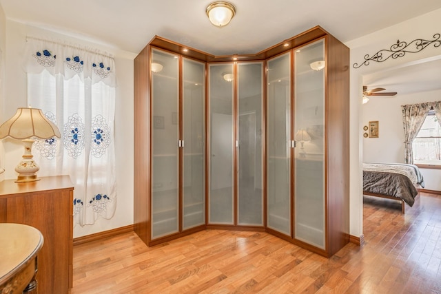 bathroom with ceiling fan and hardwood / wood-style floors