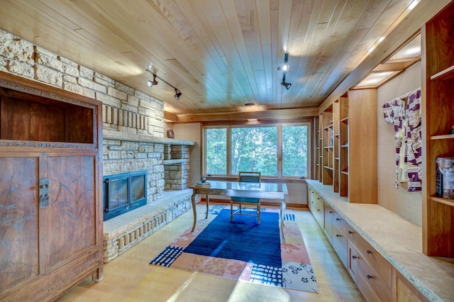 interior space featuring rail lighting, wood ceiling, and a fireplace