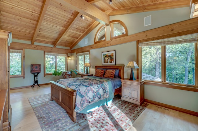 bedroom with beamed ceiling, light hardwood / wood-style flooring, wood ceiling, and high vaulted ceiling