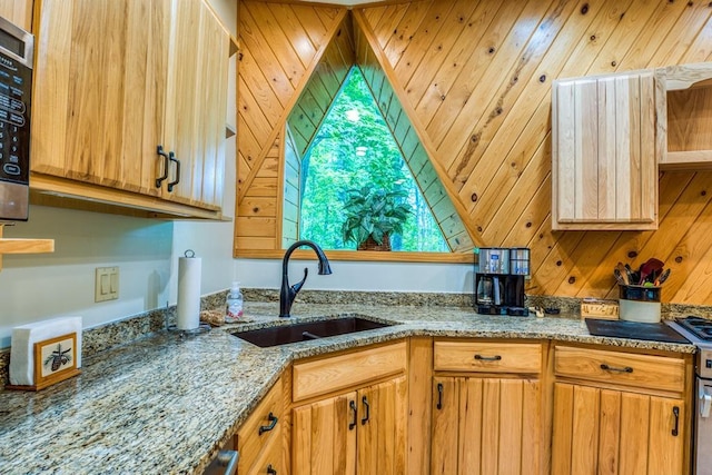 kitchen featuring light stone countertops, wood walls, and sink