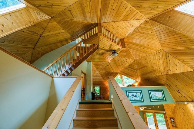 56008 County Road 4, Spring Lake, MN 56680 - staircase with wooden ceiling, ceiling fan, a high ceiling, a skylight, and wooden walls
