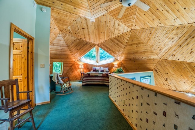 carpeted bedroom with wood ceiling