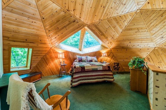 carpeted bedroom with wooden walls