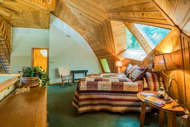 carpeted bedroom with wooden ceiling and wooden walls