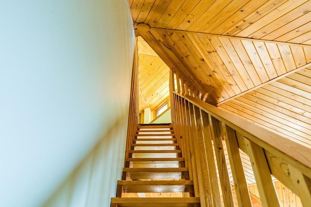 stairs featuring wood ceiling, vaulted ceiling, and wood walls