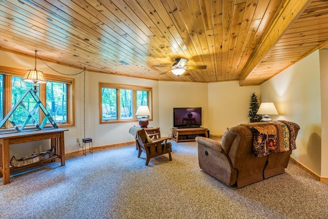 carpeted living room with wood ceiling and ceiling fan