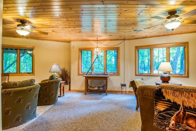 carpeted living room featuring wood ceiling and ceiling fan