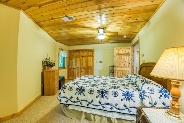 carpeted bedroom with ceiling fan and wooden ceiling