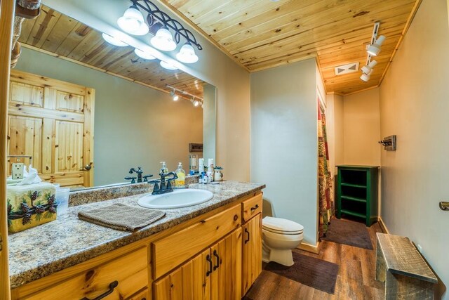 56008 County Road 4, Spring Lake, MN 56680 - bathroom with track lighting, wood finished floors, toilet, vanity, and wooden ceiling