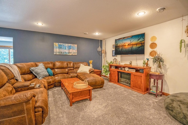 living room with a textured ceiling and carpet floors