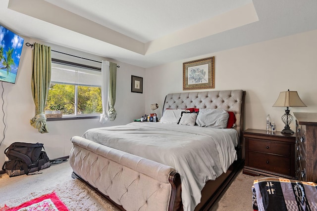 bedroom with a raised ceiling and light carpet