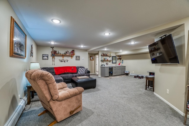 living room featuring carpet floors, bar, wine cooler, and a baseboard radiator