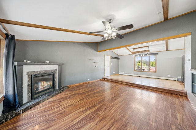 unfurnished living room featuring hardwood / wood-style floors, a baseboard radiator, ceiling fan, a fireplace, and lofted ceiling with beams