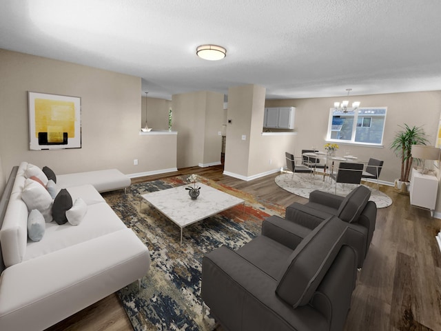 living room featuring a textured ceiling, dark hardwood / wood-style floors, and a chandelier