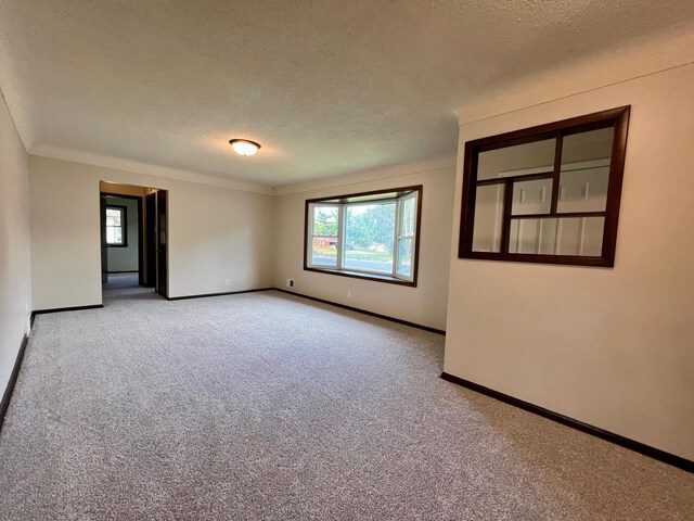 carpeted empty room featuring a textured ceiling