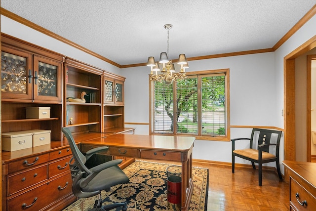 office featuring light parquet flooring, a textured ceiling, ornamental molding, and a notable chandelier