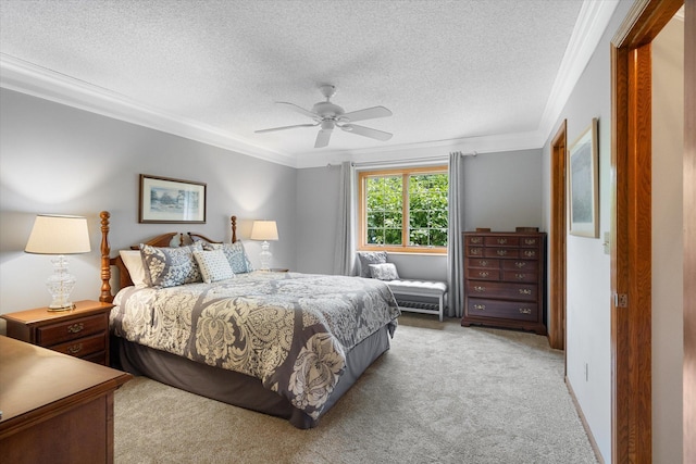 bedroom featuring light carpet, a textured ceiling, ceiling fan, and crown molding