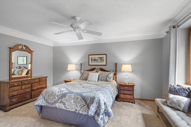 carpeted bedroom with a textured ceiling, crown molding, and ceiling fan