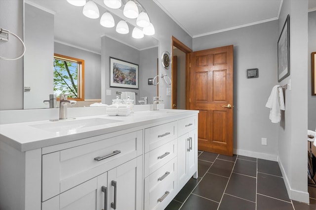 bathroom featuring vanity, tile patterned flooring, and ornamental molding