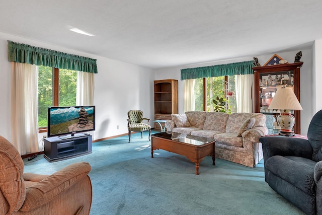 living area with baseboards and carpet floors