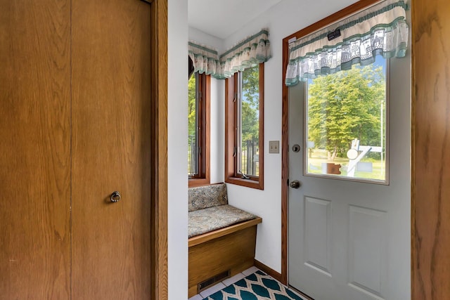 doorway featuring baseboards, a wealth of natural light, and tile patterned floors