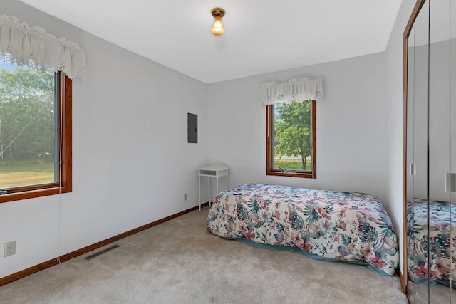 bedroom with carpet flooring, visible vents, baseboards, and electric panel