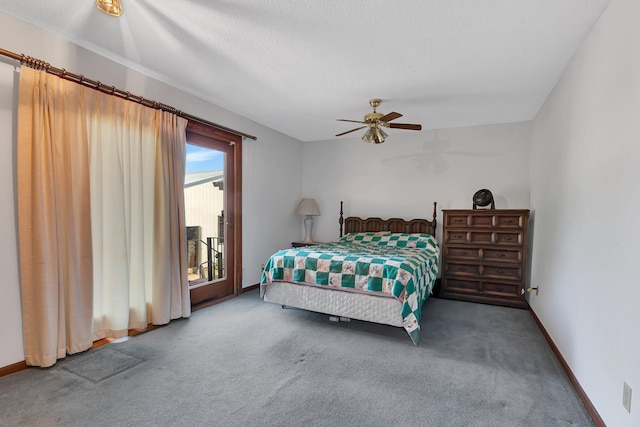 carpeted bedroom with baseboards, a ceiling fan, and access to exterior