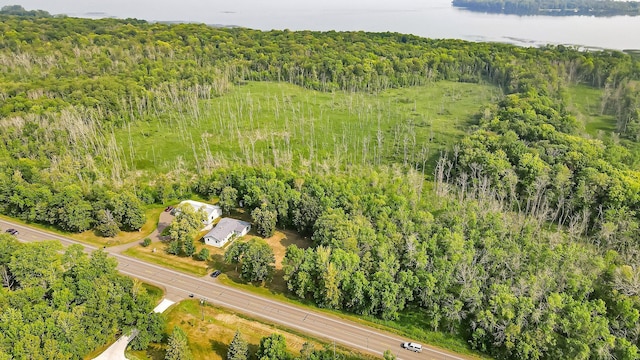 drone / aerial view with a wooded view and a water view