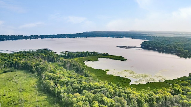 birds eye view of property with a forest view and a water view