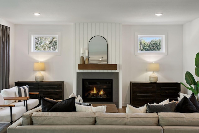 living room with a fireplace, hardwood / wood-style floors, and a wealth of natural light