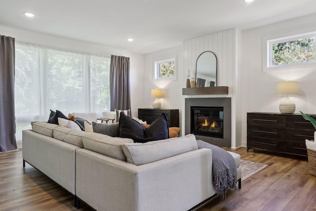 living room with a large fireplace, wood-type flooring, and plenty of natural light