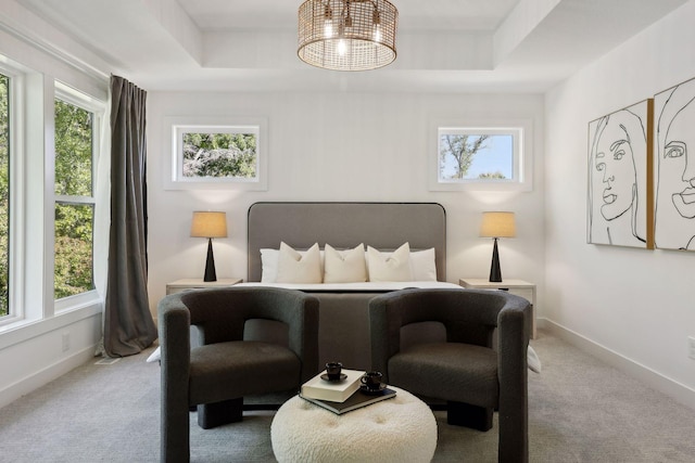 carpeted bedroom with a raised ceiling and multiple windows