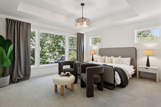 bedroom featuring baseboards, a raised ceiling, and light colored carpet