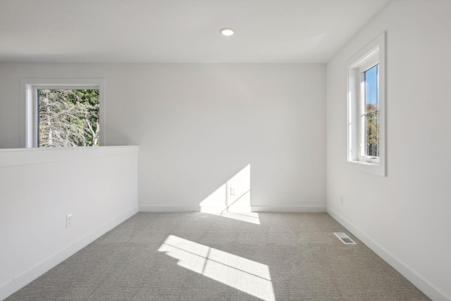 spare room with a healthy amount of sunlight, light carpet, and baseboards