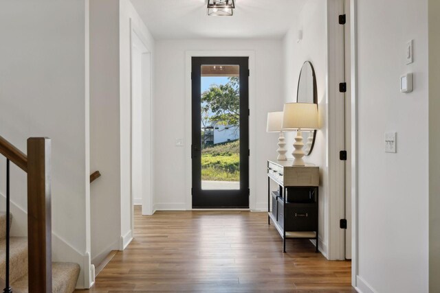 entrance foyer with a healthy amount of sunlight, stairway, baseboards, and wood finished floors