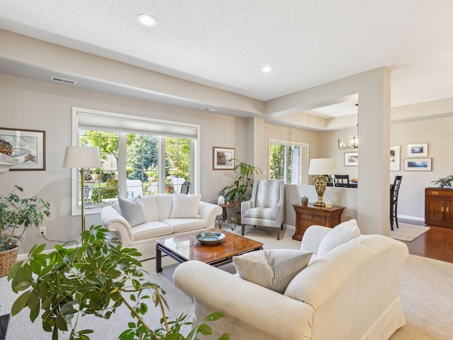 living room featuring a wealth of natural light, a chandelier, a textured ceiling, and light wood-type flooring