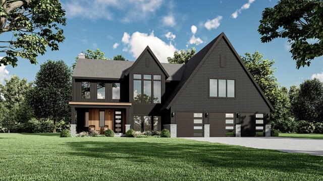 1759 Lilac Ln, Mendota Heights, MN 55118 - view of front of property with an attached garage, stone siding, driveway, a front yard, and a chimney