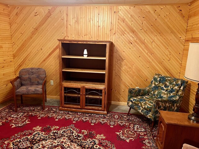 living area with wood walls