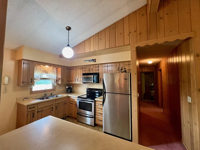 kitchen featuring sink, wood walls, hanging light fixtures, light carpet, and appliances with stainless steel finishes