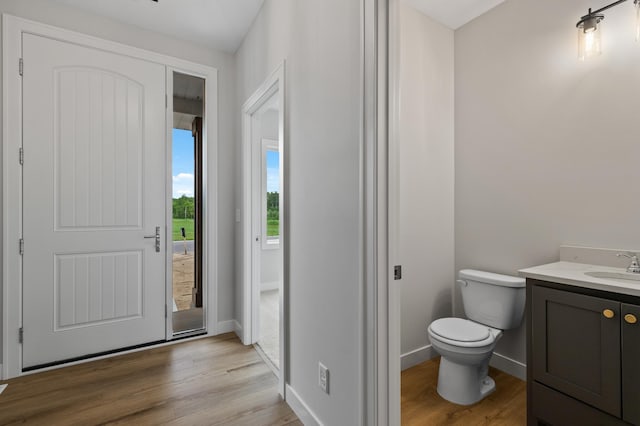 bathroom with vanity, hardwood / wood-style floors, and toilet