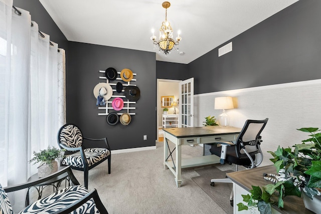 office with baseboards, visible vents, carpet floors, and a chandelier