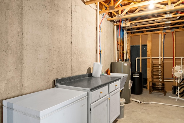 unfinished basement featuring electric water heater