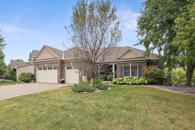 view of front of property with brick siding, a front yard, concrete driveway, and an attached garage