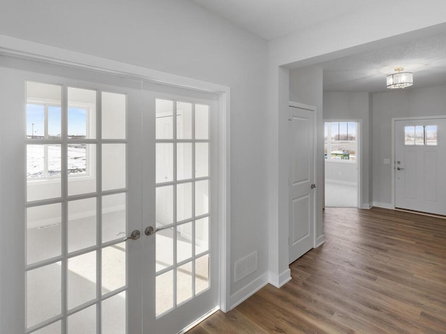 entryway featuring dark wood-type flooring and french doors