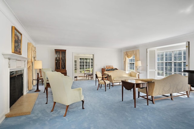 living room with crown molding and light colored carpet